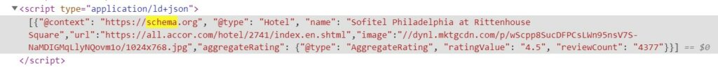 HTML code showing the hotel schema and aggregate rating used to optimise websites