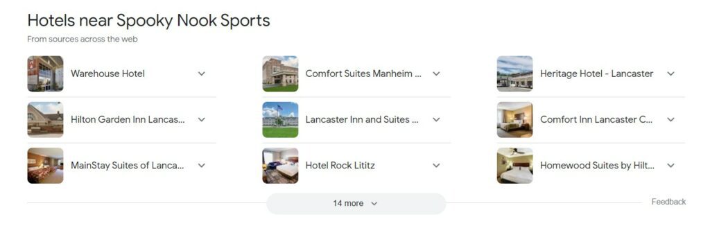 SERPs for hotels near spooky nook sports complex in the US