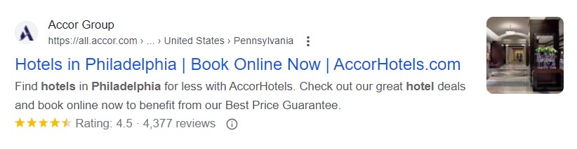 example of hotel schema and aggregate rating shown in organic search results