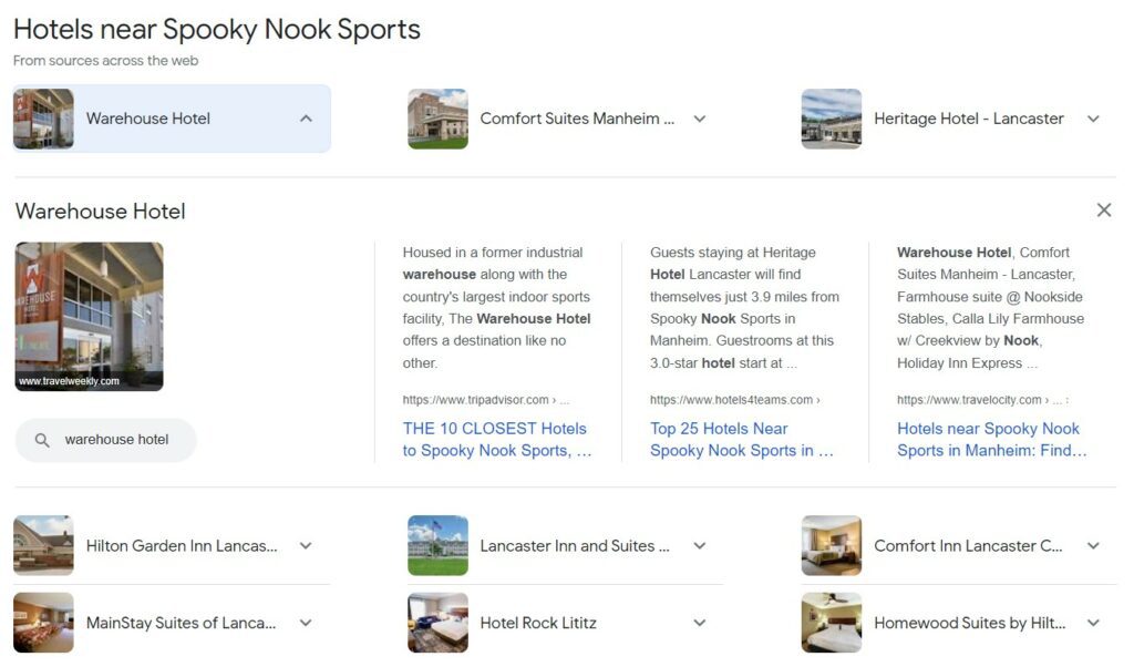 SERPs for hotels near Spooky Nook Sports complex in the US