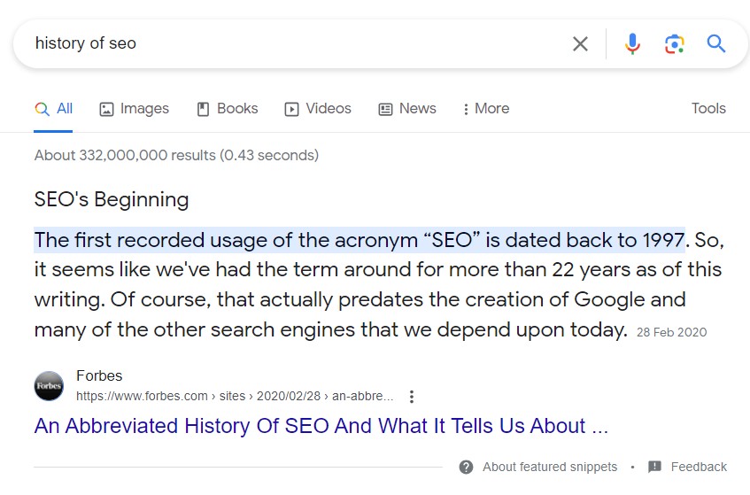 featured snippet for 'history of seo'