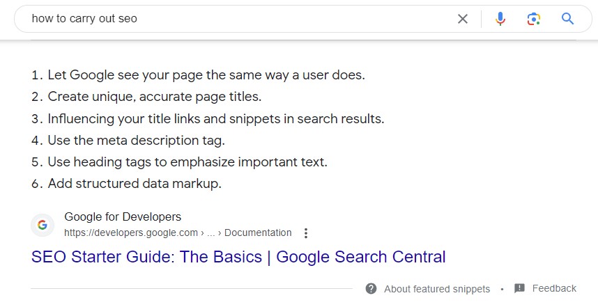 list featured snippet for the search 'how to carry out SEO'