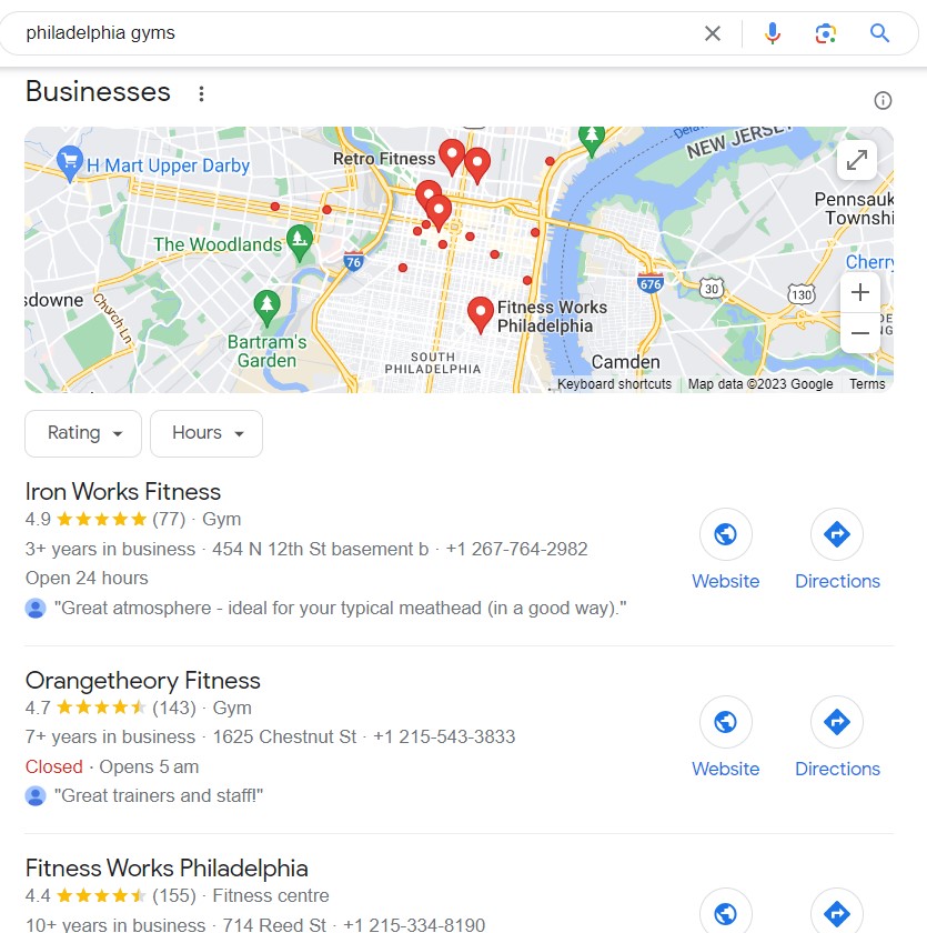 screenshot of the Map Pack in the search results for the query 'philadelphia gyms'